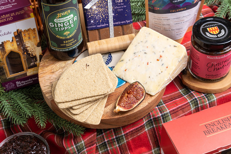 local cheese, crackers and chutney for a non-alcoholic christmas hamper