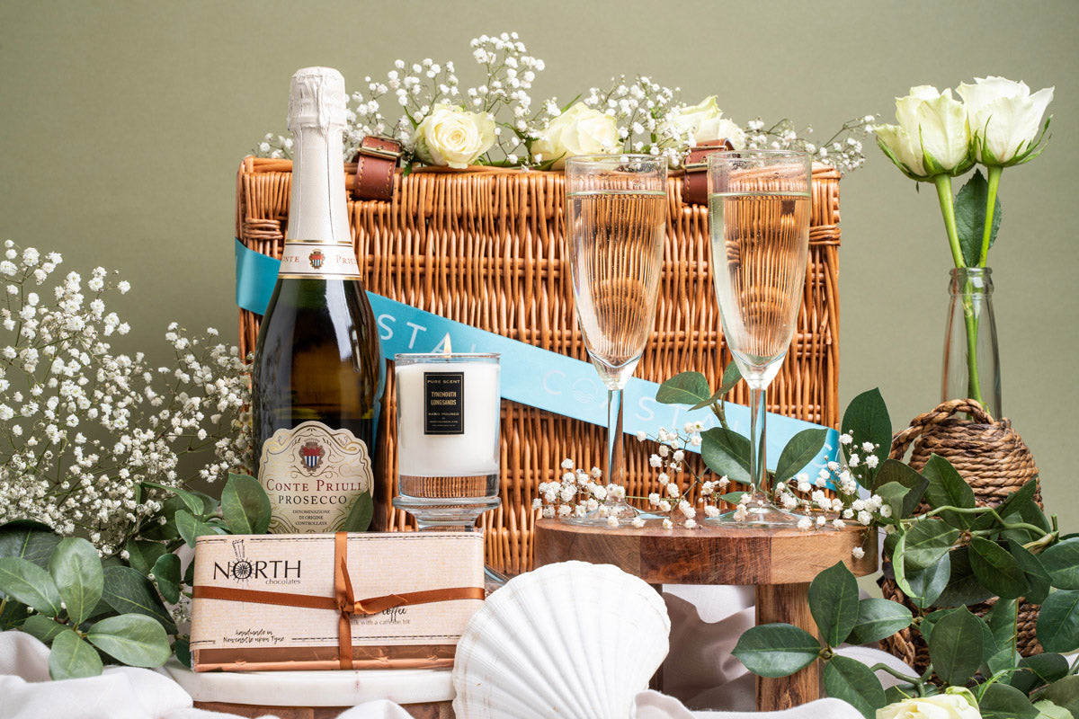 local prosecco, chocolate and candle hamper gift box 