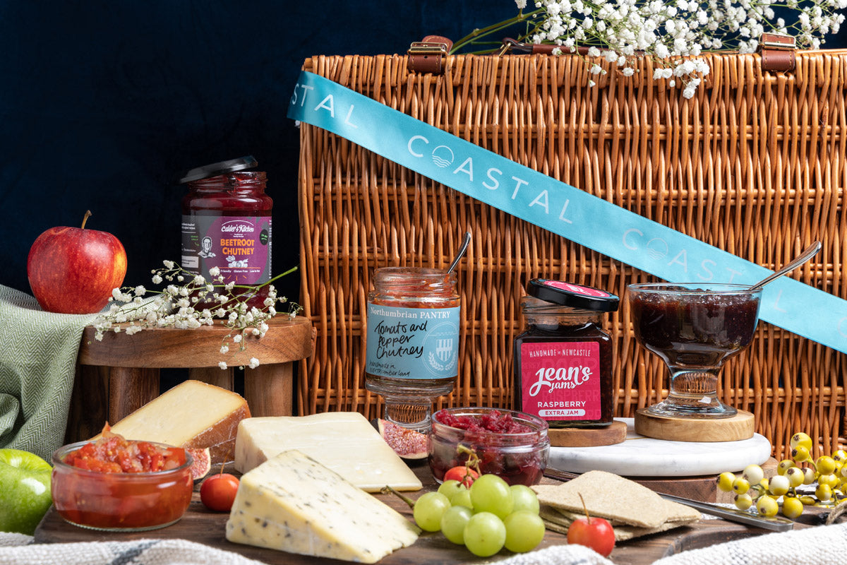 luxury hamper filled with local products from newcastle and the north east including cheese, chutney and beautiful decoration