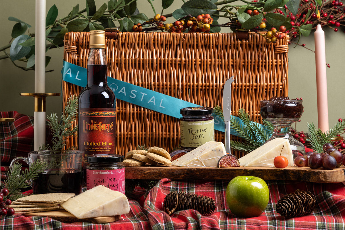 Christmas hamper gift from Newcastle upon tyne full of local products including wine, cheese and chutney 