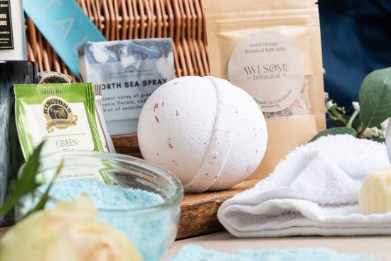 Luxurious Pamper Hamper products. Bath bombs, locally curated soaps and bath salts