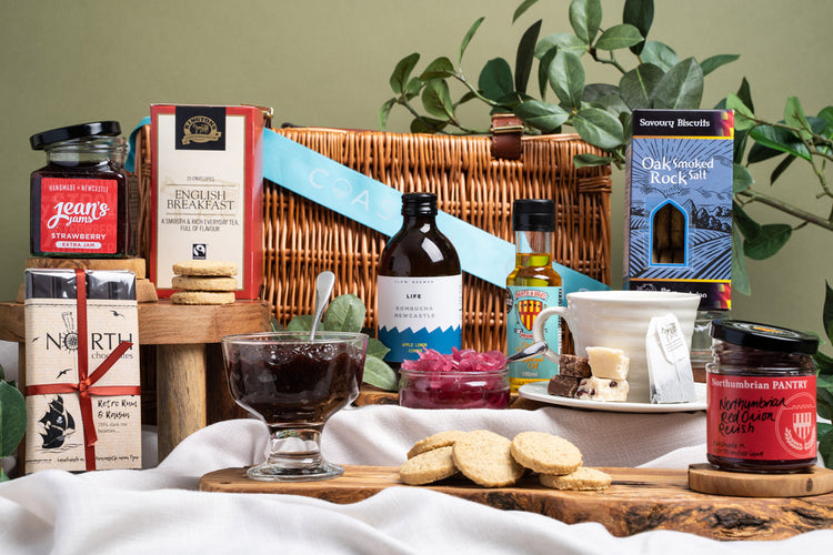 vegan treat box including local chocolates, local tea, local soft drinks and local relishes, jams and preserves