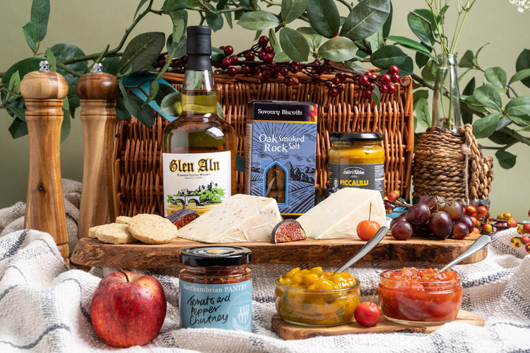local gift hamper including whiskey, cheese, chutney and cheese biscuits